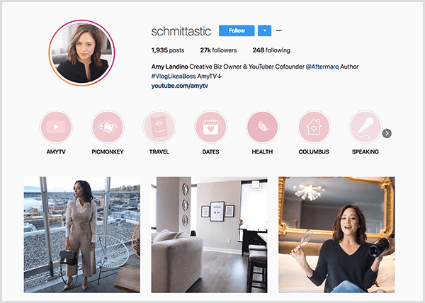 Amy Landinos Instagram-Profil verwendet den Griff schmittastic. Ihr Instagram-Profil zeigt Highlight-Kategorien für AmyTV, Picmonkey, Reisen, Daten, Gesundheit, Columbus und Sprechen. Die Fotos zeigen Bilder von Amy.