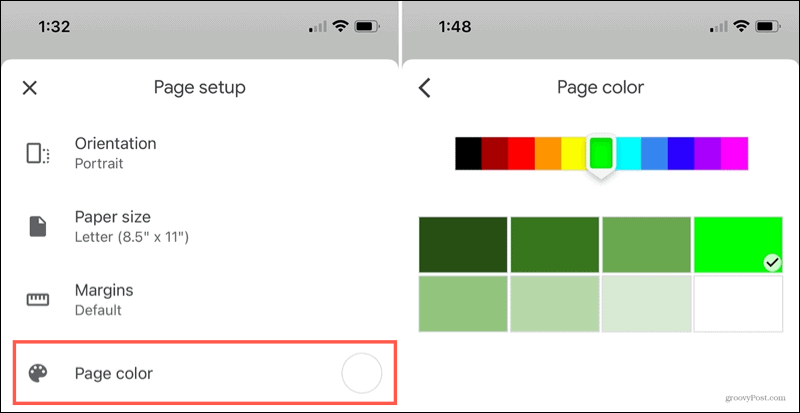 Google Text & Tabellen-Seitenfarbe auf dem iPhone