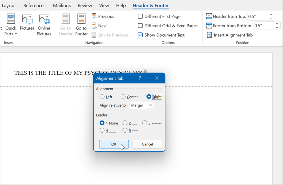 Ausrichtung Tabulator rechts im APA-Stil in Microsoft Word