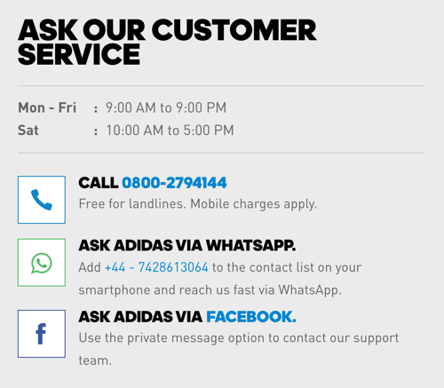 Neben einer Telefonnummer enthält Adidas WhatsApp- und Facebook Messenger-Links für Kundenbetreuungsoptionen.