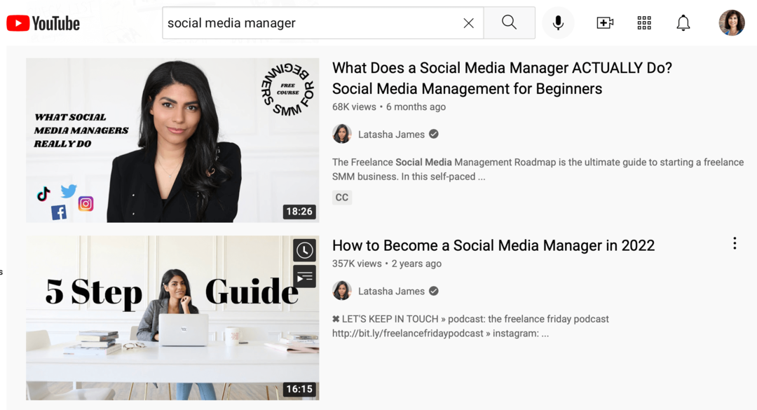 Bild der YouTube-Suchergebnisse für „Social Media Manager“