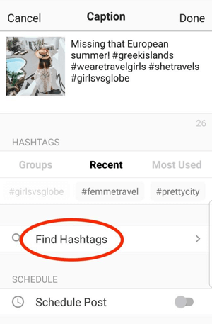 Mit der Vorschau-App können Sie relevante Hashtags finden, die Sie Ihrem Beitrag hinzufügen können.