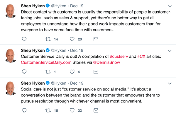 Dies ist ein Screenshot von drei Tweets, die Shep Hyken über den Kundenservice erstellt hat.