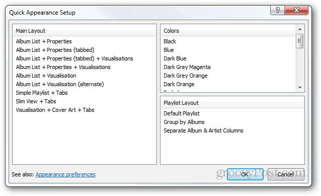 foobar2000 quikc Erscheinungsbild Setup Layout Farben Wiedergabeliste Layout sieht aus