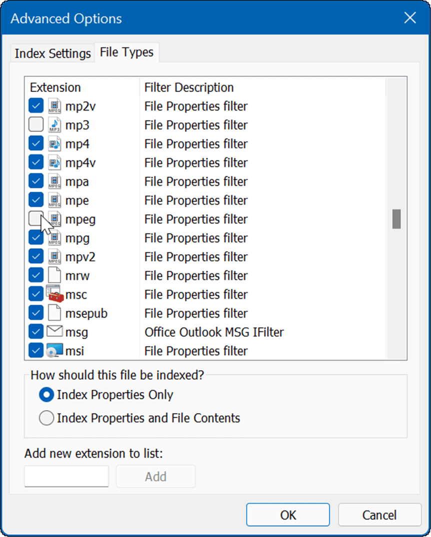 Dateitypen von der Suche ausschließen