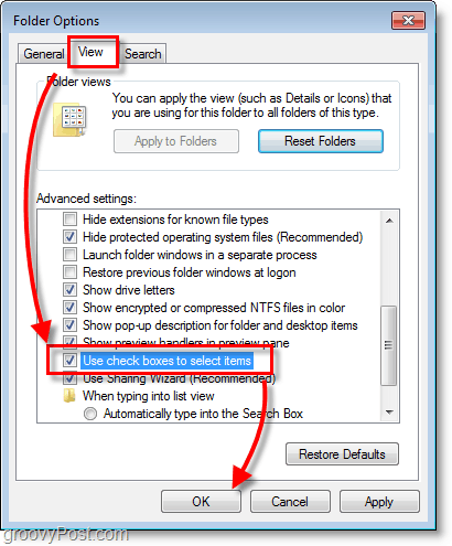 Windows 7-Screenshot - Ansicht der Ordneroptionen und Kontrollkästchen zum Auswählen von Elementen