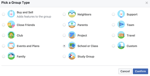 Wählen Sie einen Gruppentyp, der angibt, wie Sie bei der Suche kategorisiert werden möchten.