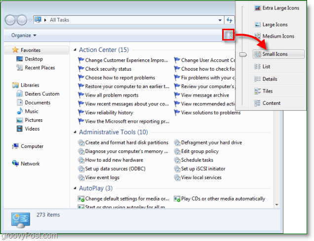Windows 7-Screenshot - Wenn Sie fertig sind, wechseln Sie zur Ansicht mit kleinen Symbolen