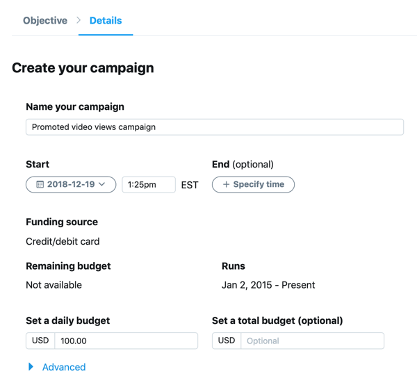 Beispiel für Kampagneneinstellungen für Ihre Twitter-Anzeige für gesponserte Videoansichten.
