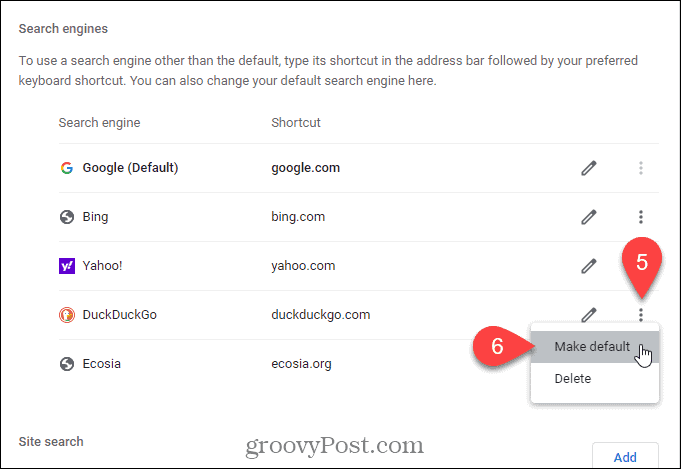 Wählen Sie Als Standard für die Suchmaschine festlegen, die Sie als Standard auf der Seite „Neuer Tab“ in Chrome verwenden möchten