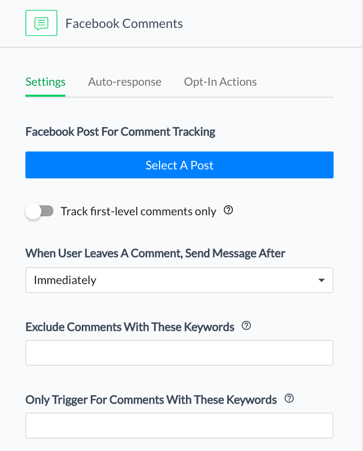 Wählen Sie Ihren Facebook-Beitrag und geben Sie das Schlüsselwort ein, das Benutzer in die Kommentare eingeben, um den Bot auszulösen.