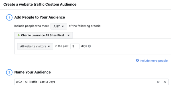 Erstellen Sie die benutzerdefinierten Website-Besucher der Facebook-Zielgruppe, Schritt 1.