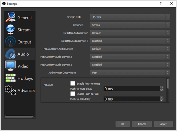 Das Dialogfeld OBS Studio-Einstellungen enthält Optionen auf der Registerkarte Audio zum Einstellen Ihrer Audioquelle. Sie möchten sicherstellen, dass Ihre Audioquelle das von Ihnen gewählte Mikrofon ist und nicht Ihr eingebauter Computer oder Kameramikrofon.