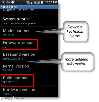 Android-Firmware und Build-Nummer, Modellnummer auch