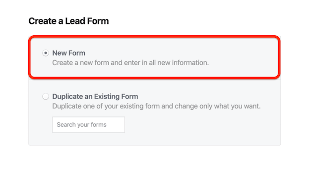 Neue Formularoption in Facebook Erstellen Sie ein Lead Form-Fenster