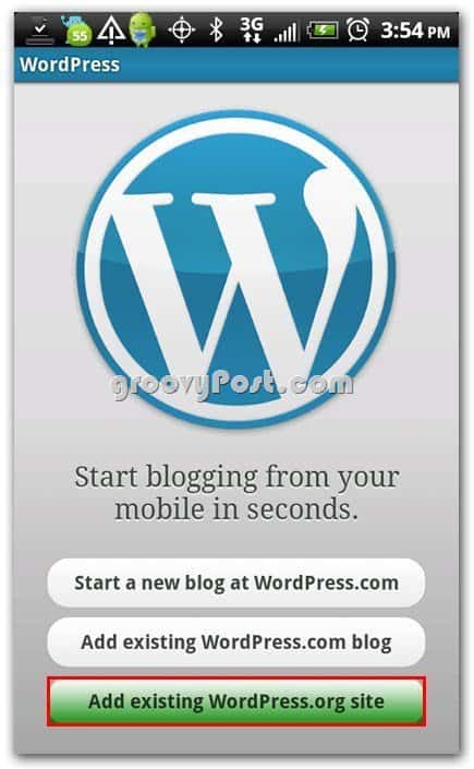 Wordpress im Android-Setup-Menü - Vorhandene Website hinzufügen