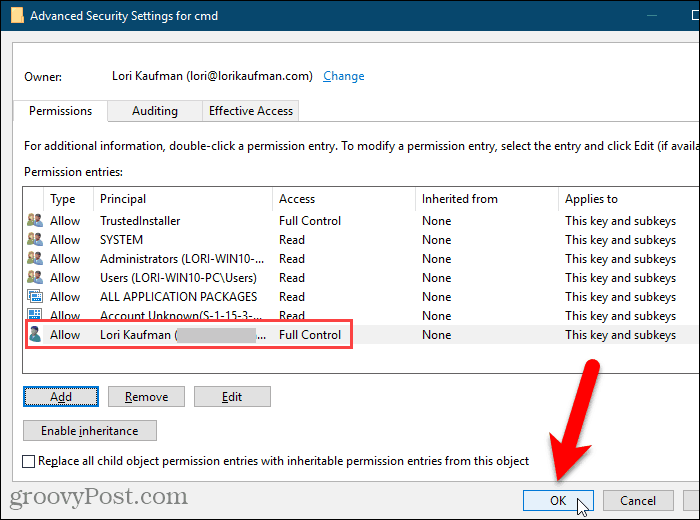 Schließen Sie das Dialogfeld Erweiterte Sicherheitseinstellungen in der Windows-Registrierung