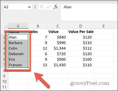 Excel-Auswahlbereich