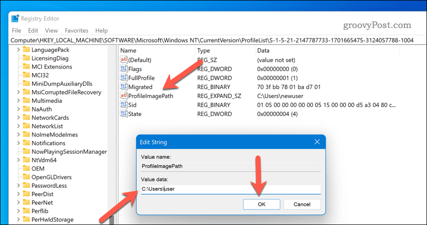 Benennen Sie den Benutzerprofilpfad in Windows 11 regedit um