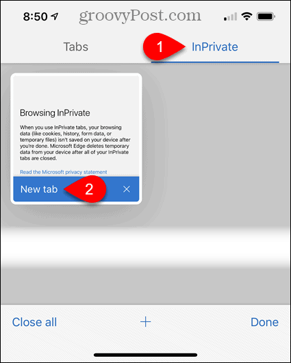 Tippen Sie auf InPrivate und anschließend in Edge für iOS auf Neue Registerkarte