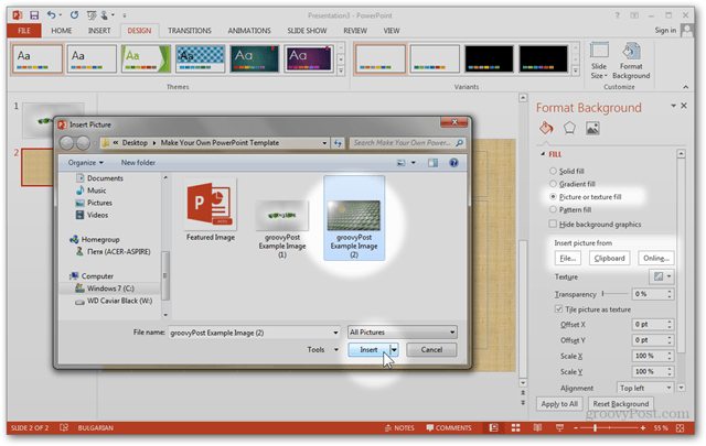 Office 2013-Vorlage erstellen Benutzerdefiniertes Design erstellen POTX-Folien anpassen Folien-Lernprogramm So formatieren Sie den benutzerdefinierten Bildbild-Import im Hintergrund