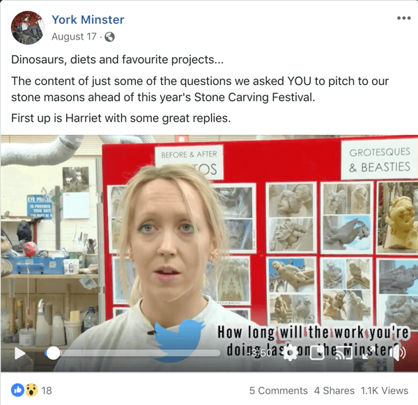 Beispiel eines Facebook-Posts, der eine AMA vom York Minster unterstützt.