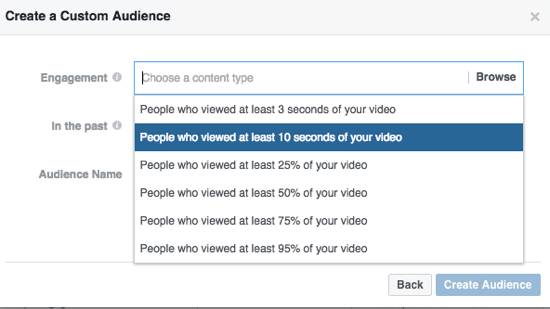 Grenzen Sie Ihre benutzerdefinierte Facebook-Zielgruppe nach Prozentsatz des angesehenen Videos ein.
