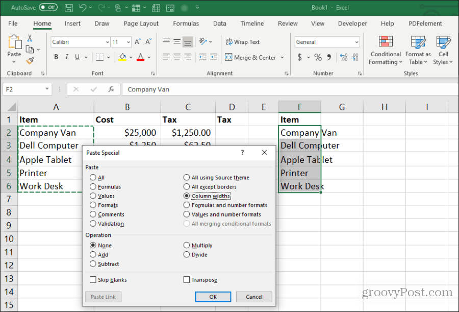 Spaltenbreiten in Excel einfügen