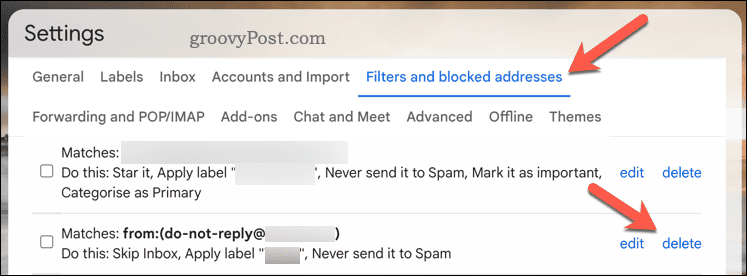 Schaltfläche „Filter löschen“ in Gmail