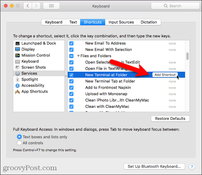 Klicken Sie auf dem Mac auf Verknüpfung für den Dienst "Neues Terminal im Ordner hinzufügen"