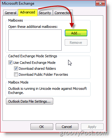 Outlook 2010 Screenshot Exchange Erweiterte Registerkarte Mailbox hinzufügen