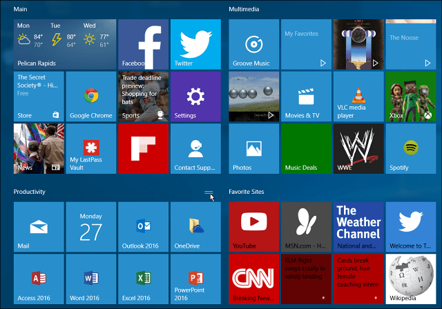 Startmenü für Windows 10-Kachelgruppen groß