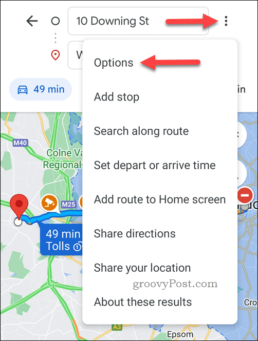 Öffnen Sie die Wegbeschreibungsoptionen von Google Maps