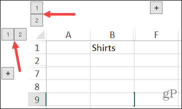 Gruppierte Spalten und Zeilen Nummerntasten in Excel unter Windows