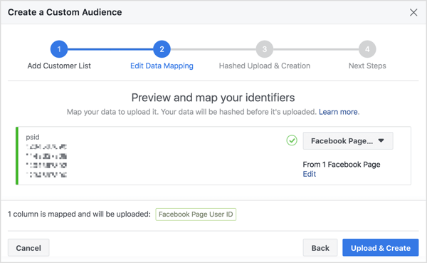 Wenn Sie Ihre Messenger-Bot-Abonnentenliste importieren, um eine benutzerdefinierte Zielgruppe zu erstellen, ordnet Facebook die Facebook-Benutzer-ID-Nummer zu, die an das Profil gebunden ist.