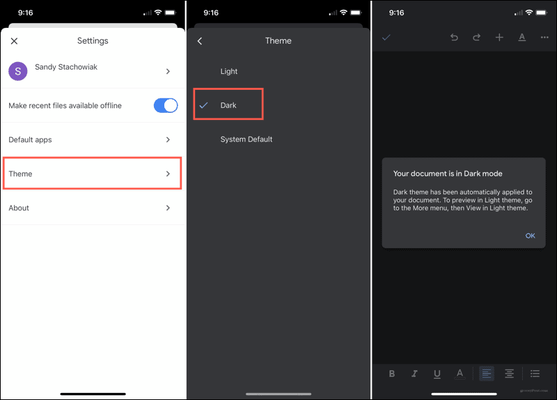 Aktivieren Sie den dunklen Modus in Google Docs auf dem iPhone