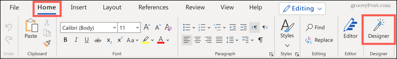 Registerkarte "Startseite", Designer in Word im Web