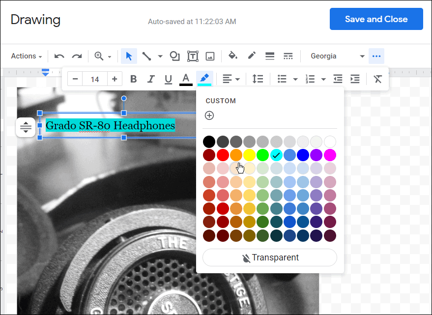 Schriftfarbe usw. wie man Bilder in Google Docs überlagert