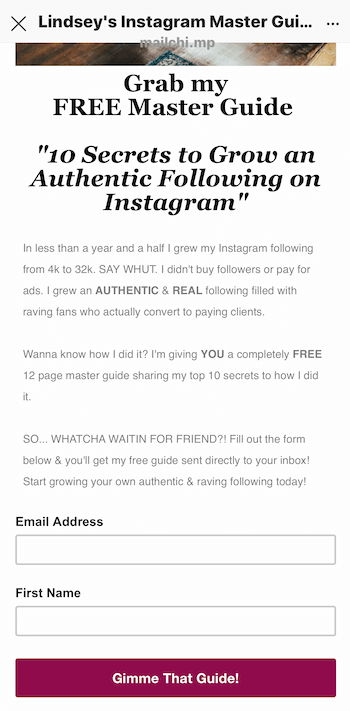 Beispiel einer Landingpage für Bleimagneten, die in der Instagram-Story beworben wird