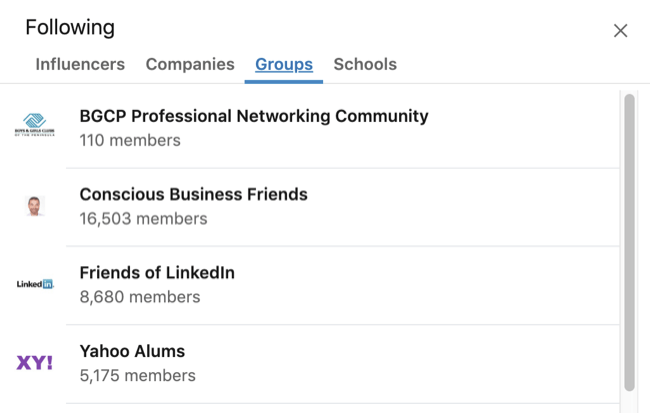 LinkedIn-Profil erweitert Feld Interessen mit ausgewählter Registerkarte Gruppe