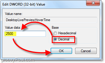 Passen Sie die Dword-Eigenschaften für Windows 7 DesktopLivePreviewHoverTime auf Dezimal und die Wertdaten auf 2500 an