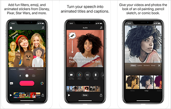 Apple Clips App-Produktaufnahmen zeigen Funktionen, die Sprache in animierte Titel sowie Untertitel und Filter verwandeln. Laut Andrew Hubbard können Sie mit Apple Clips einen 60-Sekunden-Videoabstand bearbeiten, der sich an Personen richtet, die Ihr Live-Video angesehen haben.