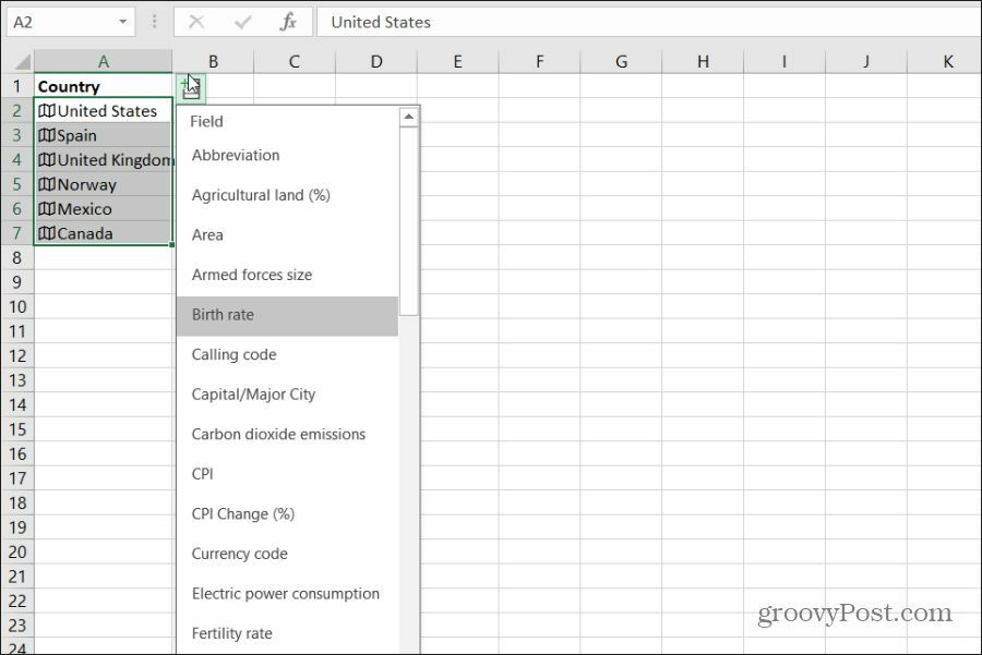 Auswahl der Ländergeografiedaten in Excel
