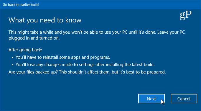 Details zum Rollback auf die vorherige Version von Windows 10