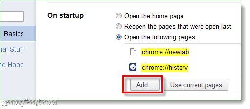 Chrome-Start Zum Öffnen Seiten hinzufügen