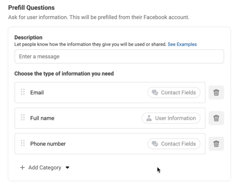 Facebook-Lead-Anzeigen erstellen eine neue Lead-Formularoption, um vorab ausgefüllte Fragen mit Beispielen für E-Mail, vollständigen Namen und Telefonnummer hinzuzufügen
