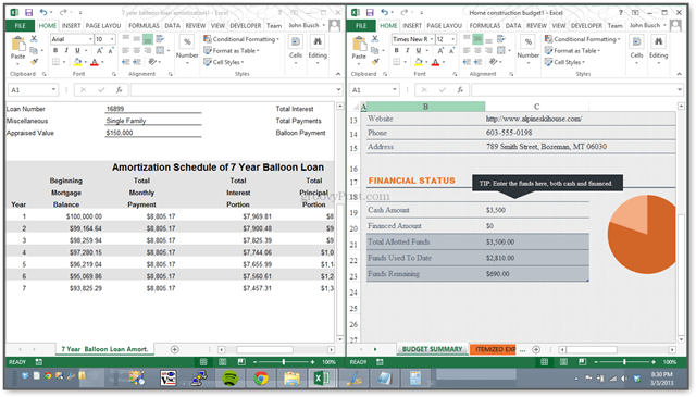 Neu! Mit Excel 2013 können Sie Tabellenkalkulationen nebeneinander in separaten Fenstern anzeigen