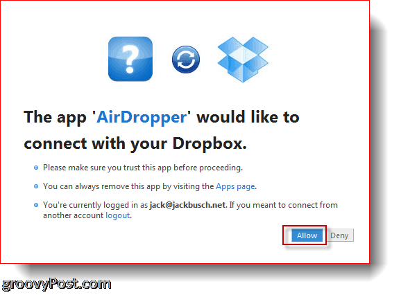 AirDropper Dropbox - Verbinden Sie die App mit Dropbox