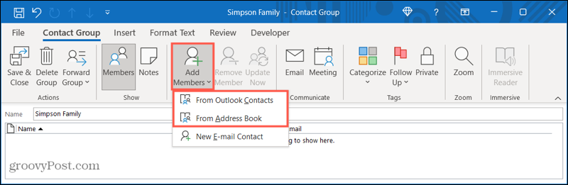 Hinzufügen von Mitgliedern zu einer neuen Kontaktgruppe in Outlook