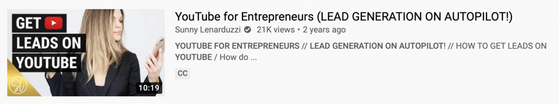 Beispiel für ein YouTube-Video von @sunnylenarduzzi von "YouTube für Unternehmer (Lead-Generierung auf Autopilot!)" mit 21.000 Aufrufe in den letzten 2 Jahren